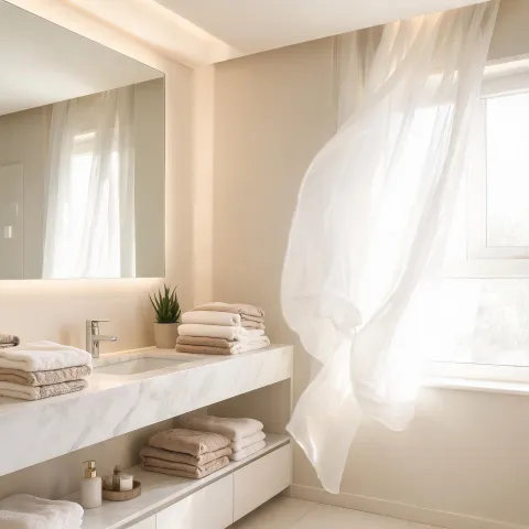 Bath linens and soft curtain styling