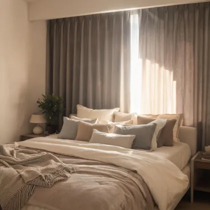 Room darkening curtains in a bedroom