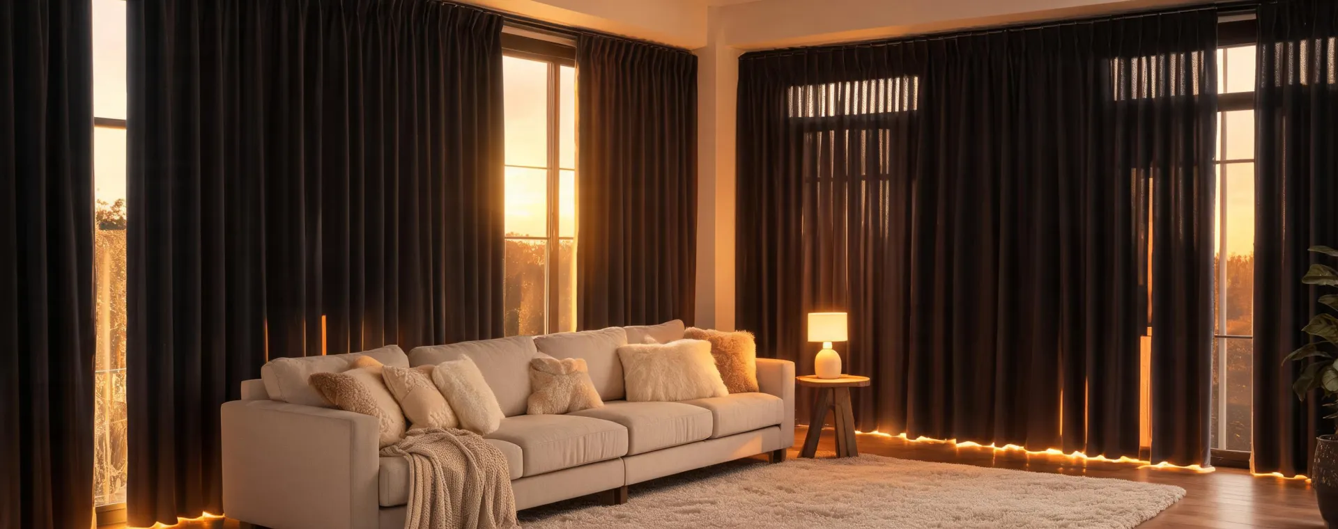 Sun Zero curtains glowing in a cozy family room